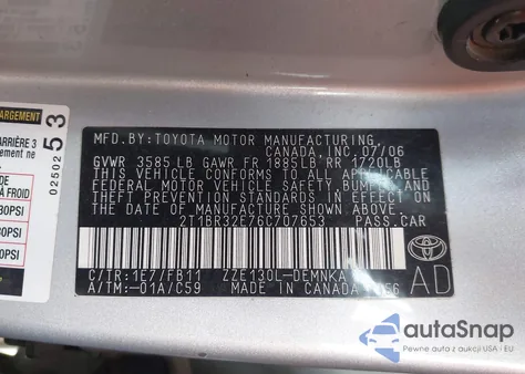 2006 Toyota Corolla Le z USA, uszkodzony, nr VIN 2T1BR32E76C707653